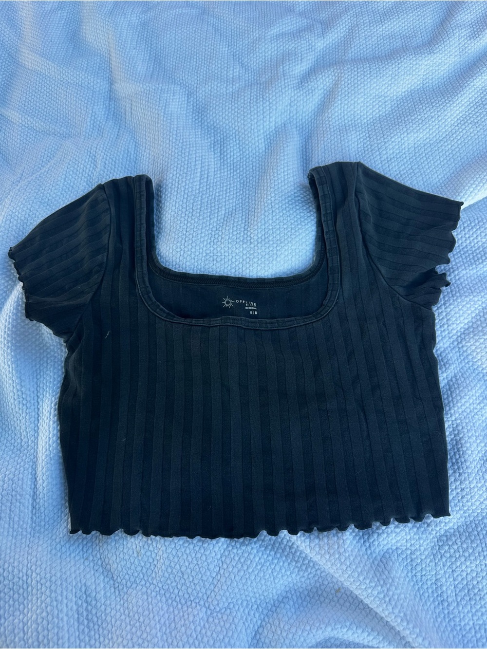 aerie Black Ribbed Square-Neck Crop Top with Ruffled Sleeves